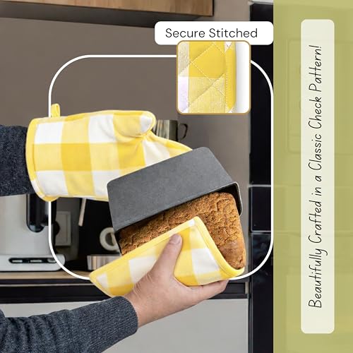 Native Fab Buffalo Plaid Check Oven Mitts and Pot Holders Set of 4, 100% Cotton Heat Resistant Kitchen Gloves, 2 Oven Mitts (7x13), 2 Pot Holders (8x8) for Cooking & Baking, Lemon Yellow White - color: Buffalo, Lemon Yellow