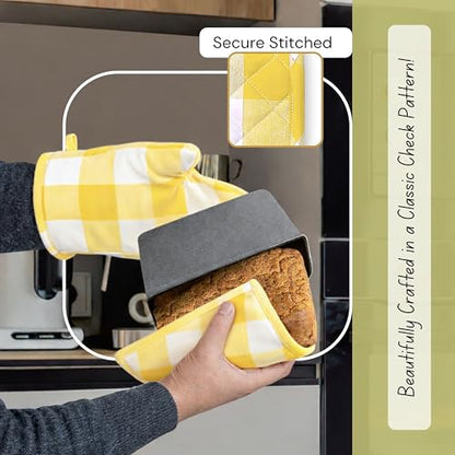 Native Fab Buffalo Plaid Check Oven Mitts and Pot Holders Set of 4, 100% Cotton Heat Resistant Kitchen Gloves, 2 Oven Mitts (7x13), 2 Pot Holders (8x8) for Cooking & Baking, Lemon Yellow White - color: Buffalo, Lemon Yellow