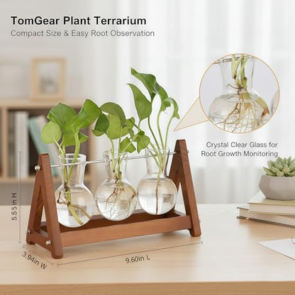 Plant Terrarium with Wooden Stand, 3 Bulb Glass Vase Metal Holder, Retro Hydroponics Planter for Home/Garden/Office Decor, for Women & Mom (1, Natural Wood, 3-Bulb)
