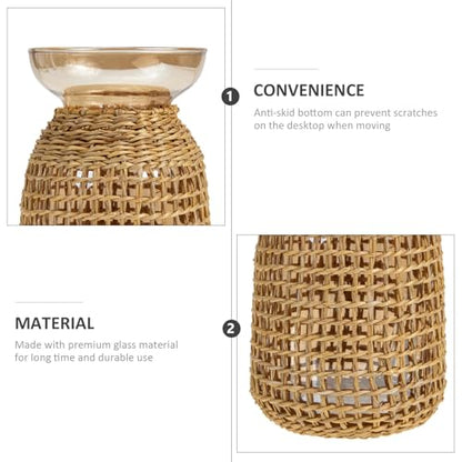 Baluue Decorative Glass Vase with Amber Inner Bottle and Woven Straw Cover, Small Tabletop Flower Arrangement Container for Home and Living Room Décor