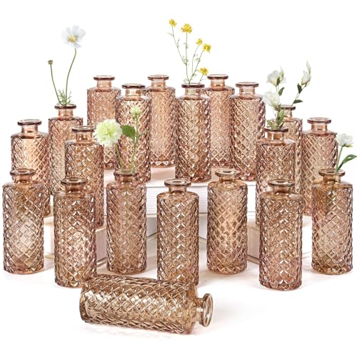 Amber Glass Bud Vase, 20 Pack Living Bud Vases, Small Diamond Bud Vases in Bulk, Mini Flowers Vases for Table Centerpiece, Office, Wedding Reception, Home Decor - color: B-amber