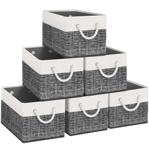 Storage Bins 6-Pack, Foldable Storage Baskets for Organizing Toys, Books, Shelves, Closet, Large Storage Box with Rope Handles, Sturdy Organizer Bins, White & Black - color: White & Black, size: 6pack