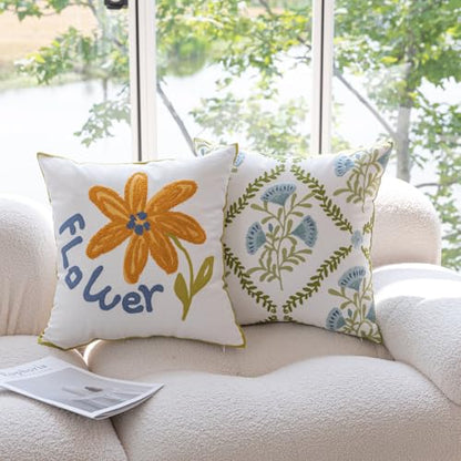 YIcabinet Pillow Covers Set of 2, Embroidered Yellow Flower Pattern Throw Pillow Cover,Square Cotton Cushion,Pillow Case for Sofa Bedroom Couch,18"x18" - color: Yellow15