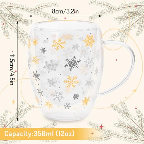 JarThenaAMCS Christmas Double Wall Glass Coffee Mugs 12Oz Gold Silver Snowflake Insulated Glasses Clear Espresso Cups with Handle for Winter Xmas Holiday Supplies, Set of 2 - style: Gold Silver Snowflake