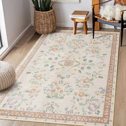 3x5 Rug Washable Floral Area Rugs Non Slip Ultra-Thin | Small Throw Carpet for Bedroom Entryway Living Room Office Kitchen Bedside Floor Indoor Low Pile Boho Vintage Beige - color: Beige, size: 3' x 5' (Rectangular)