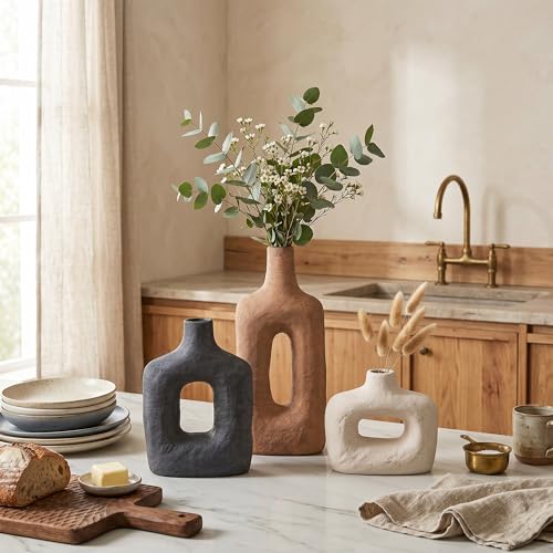 DREAMLOOM Ceramic Vase Set of 3, Black, Rust | Square Cutout, Farmhouse Rustic, Wabi-Sabi, Home Decor, Living Room Bedroom Kitchen Shelf Centerpiece - color: Rust Red Combo - Hollow Design
