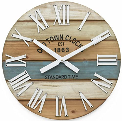 30" Wooden Multi-Color Maritime Coastal Beach Large Roman Wall Clock (Blue, 30 inch) - color: Roman Blue, size: 30 inch