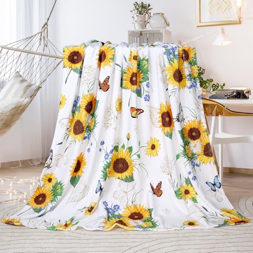 Sunflower Throw Blanket Ultra Soft Butterfly Floral Blanket Cozy Flannel Fleece Bed Blanket Lightweight Fuzzy Plush Flowers Couch Cover Sunflowers Gifts Throw Decor for Women Girls 50" X 60" - color: Golden, size: 50"×60"