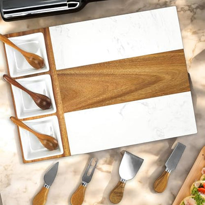 Marble Cutting Board Set, Charcuterie Cheese Boards, 3 Bowls, 3 Spoons, 4 Charcuterie Utensils, Meat, Fruits, Vegetables, Housewarming, Wedding - Marble Blank - style: Marble-Blank
