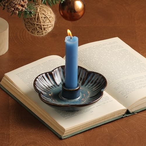 Ceramic Taper Candle Holder, 4.72 in Polished Round Base Tray | Smooth glazed finish wipes clean after wax residue, keeping daily care simple for decorators and gift buyers. - color: Blue