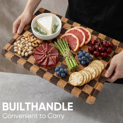 End Grain Checkerboard Cutting Board, Premium Butcher Block with Juice Groove & Built-in Handles, Reversible Wooden Chopping Board for Kitchen Prep, Meat & Charcuterie