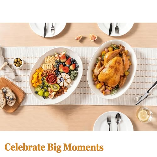 14 Inch Oval Serving Platters Set of 2, Large Wide Ceramic Serving Platter, White Porcelain Serving Trays for Entertaining, Turkey, Steak, Appetizers, Pasta, Salad