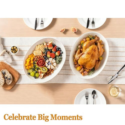 14 Inch Oval Serving Platters Set of 2, Large Wide Ceramic Serving Platter, White Porcelain Serving Trays for Entertaining, Turkey, Steak, Appetizers, Pasta, Salad