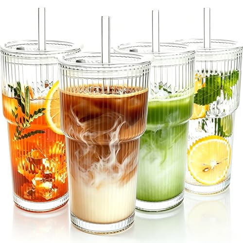 4PCS 20oz Glass Cups with Lids and Straws, Iced Coffee Cups with Lids, Stylish Ribbed Thick Drinking Glasses Tumbler for Juice, Smoothies, Cold Beverages, Cute Cup Gifts with Clean Brush - color: Clear Glass 4PCS