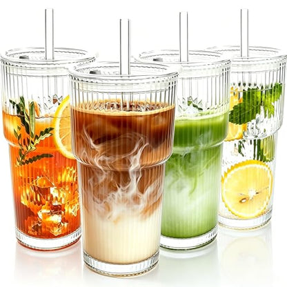 4PCS 20oz Glass Cups with Lids and Straws, Iced Coffee Cups with Lids, Stylish Ribbed Thick Drinking Glasses Tumbler for Juice, Smoothies, Cold Beverages, Cute Cup Gifts with Clean Brush - color: Clear Glass 4PCS