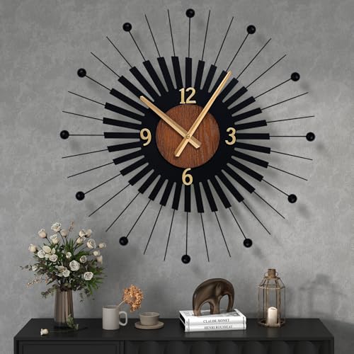 22 Inch Modern Sunburst Wall Clock Battery Operated Silent Quartz Movement | Black Metal Radiating Design with Walnut Wood Center – Decorative Clocks for Living Room, Office, Bedroom - color: B - Starburst Shape