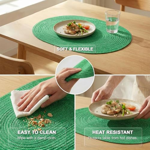 Placemats Set of 4, Woven Oval Braided Dining Table Mats(Green Shine) | 12 x 17.5 Inch Size Fits Plates and Flatware; Hand Washable and Heat Resistant for Kitchen Use, with Farmhouse and Boho Style - color: Green Shine, size: 4 pcs