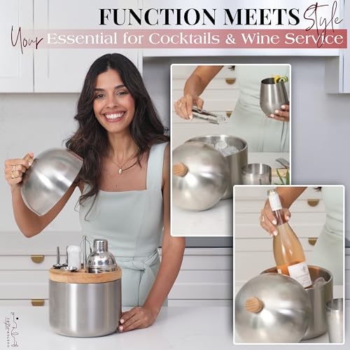 Gusto Nostro Cocktail Set Bartender Kit with Stainless Steel Ice Bucket - Complete Mixology Bar Tool Set with Wooden Organizer, Cocktail Shaker, Jigger, Muddler, Spoon, Tongs, Pourers, Recipe Cards - color: Silver (3.6 qt + Barware)