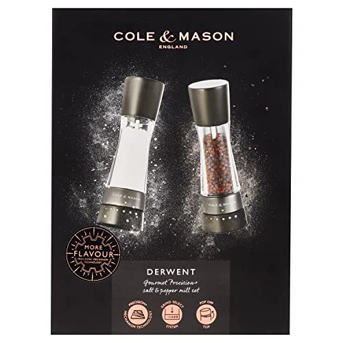 Cole & Mason H332293 Derwent Black Wood Salt and Pepper Mills, Gourmet Precision+, Adjustable Grind, Stained Beech/Acrylic, 190 mm, Gift Set, Includes 1 Salt and 1 Pepper Grinders - color: Black Wood
