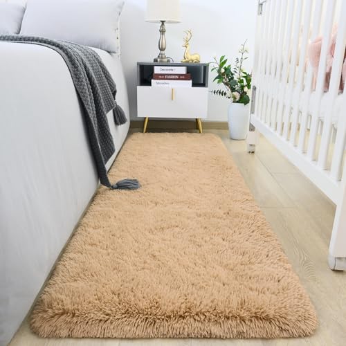 HOMORE 2x6 Runner Rugs for Bedroom, Light Tan Runner Rug for Hallway Entryway Laundry, Modern Shag Bedroom Runner Cute Carpets for Kids Dorm Bedside - color: Light Tan, size: 2' x 6' (Runner)