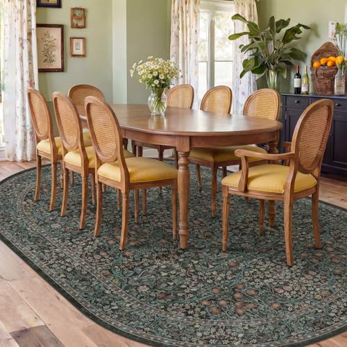 Dark Green 8x12 Washable Oval Rug for Dining Room Under Table, Large Living Room Area Rug, Bedroom, Soft Low Pile Non-Slip Stain Resistant Carpet - Vintage Floral Décor (8x12 Dark Green) - color: Dark Green / Black, size: 8' x 12' (Oval)