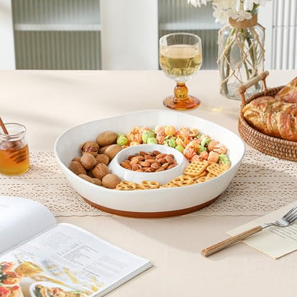 MALACASA Ceramic Chips and Dip Serving Tray, 12 Inch Dip Serving Tray | Free-Form Divided Ceramic Chips and Dip Bowls for Parties, Hosting and Entertaining, White - color: White