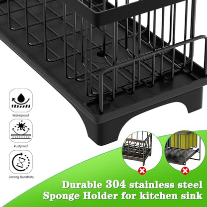 VOOWO Sponge Holder for Kitchen Sink, Compact Sink Caddy with Brush Holder | 304 Rustproof Stainless Steel Dish Soap Holder, Small Kitchen Sink Organizer, Self-Draining Dish Wand Holder with Towel Rack - color: Black