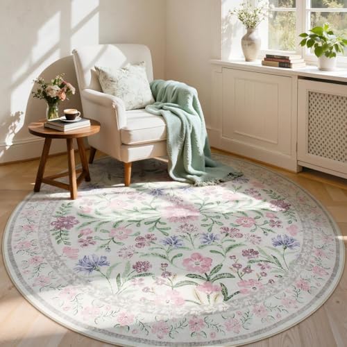 Lahome Purple 6ft Round Dorm Rug, Floral Circle Rug for Girls Bedroom | Washable Non-Slip Soft Circular Carpet for Nursery Calm Corner Seating Dining Room - color: Pale Lilac, size: 6' (Round)