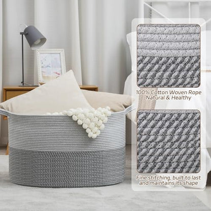 XXXLarge Woven Cotton Rope Basket (21.7" x 13.8") 90L – Blanket Basket for Living Room, Laundry Hamper, Baby Laundry Hamper, Toy Storage, Pillows & Cushions Organizer (Mixed Grey) - color: Mixed Gray