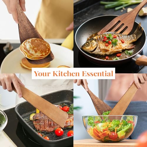 MORGLES 3Pcs Acacia Wood Spatula Set, Non-Scratch 12" Cooking Turner | Acacia wood, non-scratch for nonstick/cast iron, 3-pc w/ scraper, 12" ergo handle, flips/stirs/scrapes, gift - color: Acacia Dark Brown