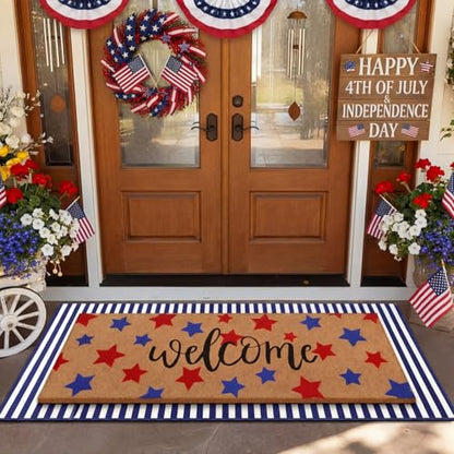 Tinideya 2 Pcs Long 4th of July Layered Outdoor Doormat 47"x17" 250th Anniversary Patriotic Star Coir Welcome Mat with Red White Blue Stripe Rug for Memorial Day Front Porch Entryway Home Decor - style: Stripe