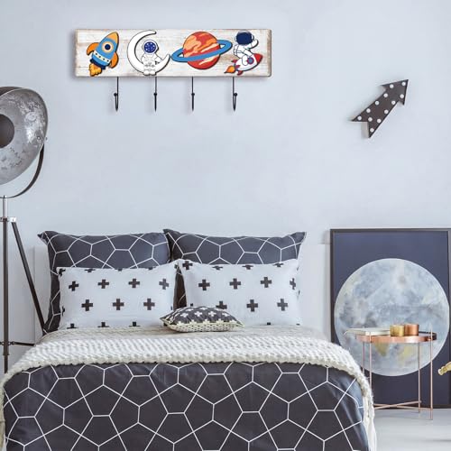 Space Themed Wooden Coat Rack with 4 Hooks, Rocket Astronaut Planet Moon Wall Mounted Hangers, Cute Cosmic Decorative Hook Rack for Room Entryway Playroom, Holds Hats Keys Towels Bags - style: Space