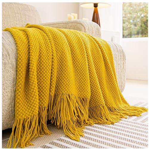 Knitted Throw Blanket for Couch,Plain Color Blanket with Tassel,Bed Throws,Home Decorative Blankets for Couch Sofa Bed Chair Spring Summer Fall,Soft Warm Cozy Light Weight,Yellow,70x230cm/28x90in - color: Yellow, size: 70x230cm/28x90in
