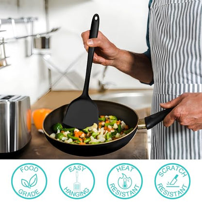E-far Silicone Cooking Utensils Set, 25 Piece Kitchen Utensils with Holder, Non Toxic Kitchen Tools Spatula, Turner, Spoon, Ladle for Nonstick Cookware, Heat Resistant & Dishwasher Safe - Black - color: Black