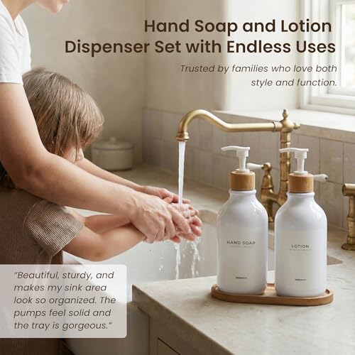 MaisoNovo Soap Dispenser Bathroom Set of 2-16.9 oz Bathroom Soap Dispenser Set - White Plastic Bottles x 2 with White Bamboo Pumps & Tray - color: Plastic White Bottles/ White Bamboo Pumps