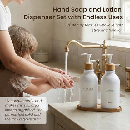 MaisoNovo Soap Dispenser Bathroom Set of 2-16.9 oz Bathroom Soap Dispenser Set - White Plastic Bottles x 2 with White Bamboo Pumps & Tray - color: Plastic White Bottles/ White Bamboo Pumps