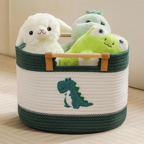 Cotton Rope Baskets for Kids Stuffed Animal Toys Storage for Nursery, Baby Baskets for Gifts Empty, Woven Basket with Wooden Handles Blanket Towel Toy 0rganizer Kids Blanket Storage Bins ( Dinosaur ） - color: Dinaosaur, size: Medium