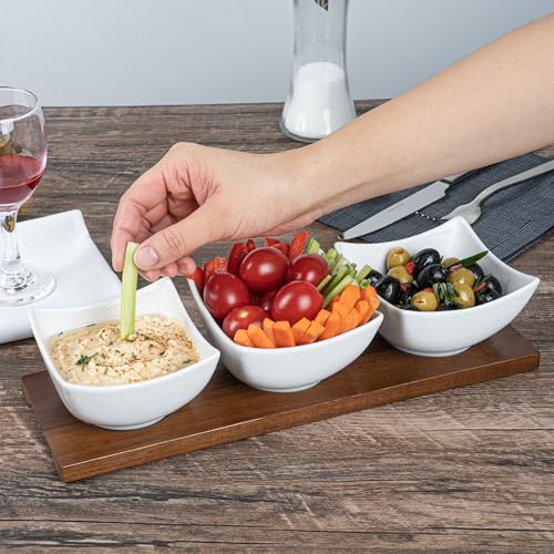 Restaurantware-15 Ounce Bowl Set with Tray - 1 Dishwashable Serving Set, Includes 3 Porcelain Bowls And 1 Bamboo Tray, Durable, White Porcelain And Bamboo Bowl And Platter Kit, Reusable, Freezable - size: Triple set, style: Cocktail