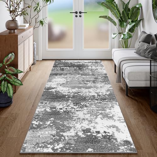 2.6x8 Rug Runner for Hallway Kitchen Entryway Non Slip Washable Grey | Runner Rugs with Rubber Backing 8ft Long Carpet Runner for Laundry Bedroom, Low Pile Stain & Fade Resistant, Abstract Gray - color: Grey, size: 2'8" X 8' (Runner)