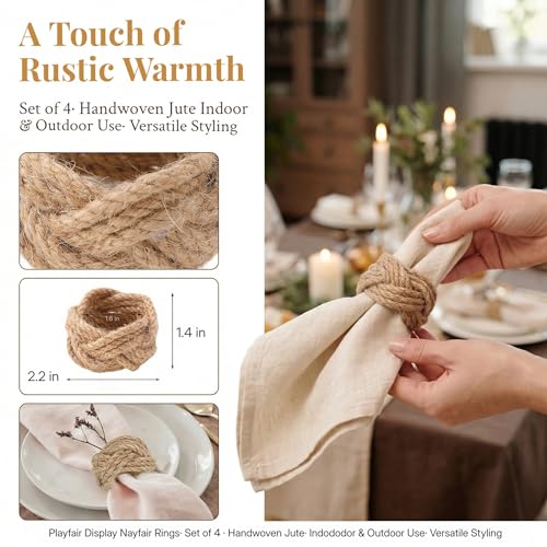 Set of 4 Woven Napkin Rings 2 Inches Round Braided Burlap Rustic Farmhouse Style Coastal Boho Western Rattan Wicker Rings for Summer Napkins and Table Decor