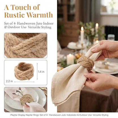 Set of 4 Woven Napkin Rings 2 Inches Round Braided Burlap Rustic Farmhouse Style Coastal Boho Western Rattan Wicker Rings for Summer Napkins and Table Decor