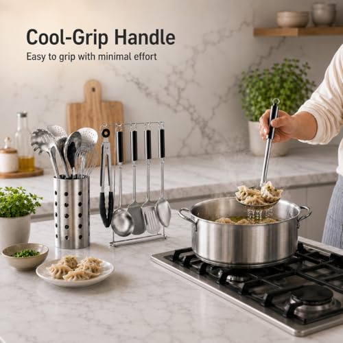 Pleafind Cooking Utensils Set - 9 PCS Stainless Steel Kitchen Utensils Set with Utensil Holder, Heat Resistant Wok Utensils Set, Kitchen Tools Set with Spatula, Ladle, Slotted Spoon, Dishwasher Safe - color: 9P-Silver