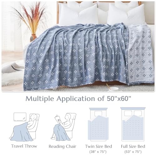 jinchan 100% Cotton Muslin Blanket Twin Boho Throw Blanket 50x60 Denim Blue | 3-Layer, Geometric Cross Quilt, Cooling Breathable Lightweight, for Adult, Soft, Reversible, Summer, Couch, Sofa, Bedroom - color: B. Cross Blue, size: 50"x60"