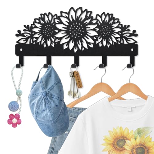 MAYJOYDIY Sunflower Metal Key Hook Flowers Leaves Coat Rack Wall Mounted 9.8×4.7inch Sunflower Plant Black Art Wall Decor Key Holder with 5 Hooks for Gift Coats Hats Towels Bags Hanging - style: Sunflower