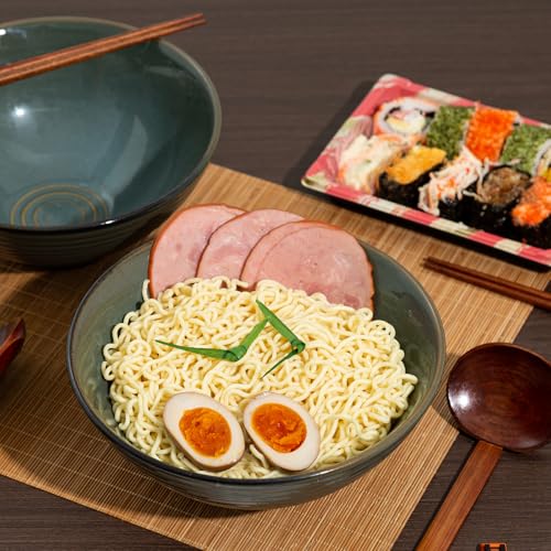 8 Inch Ceramic Ramen Bowl Set of 2, 40oz Japanese Bowls with Spoons & Chopsticks,Durable,Microwave & Dishwasher Safe,Perfect for Ramen,Pho,Salad,Soup,Noodles，Mixing bowls（Dark Teal） - color: Dark Teal