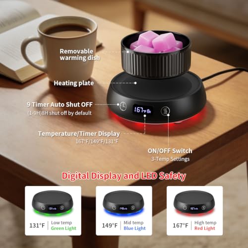Candle Warmer,Wax Melt Warmer for Desk with Temperature Display | 1-9H Delay Start Timer,Wax Warmer for Scented Wax,Wax Melter,3 Temperature Settings,1-9H Auto Shut Off Timer - color: Black
