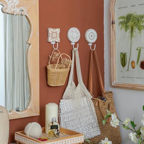 SOFFEE DESIGN Set of 3 Bohemia Coat Hooks, Wood Carving Pattern Design Retro Friction Process, High Load-Bearing, for Vocation House, Bohe Room