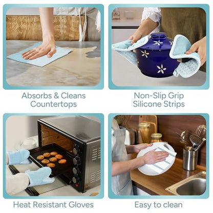 Casa Platino Oven Mitts and Pot Holders Sets, 8-Piece – 500°F Heat Resistant Mini Oven Mitt with Silicone Grip, Potholders for Kitchens, 2 Kitchen Towels & 2 Dish Cloths – Non-Slip & Durable – Aqua - color: 04: Oven Mitts - Aqua, size: Oven Mitt Set - 8 P