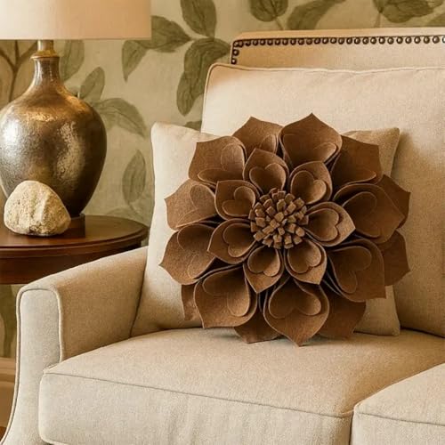 Fennco Styles Handmade 3D Heart-Shaped Petals Flower Decorative Filled Throw Pillow 13" Round - Mocha Floral Pillow for Couch, Home Décor and Holiday, Housewarming Gift - color: Mocha
