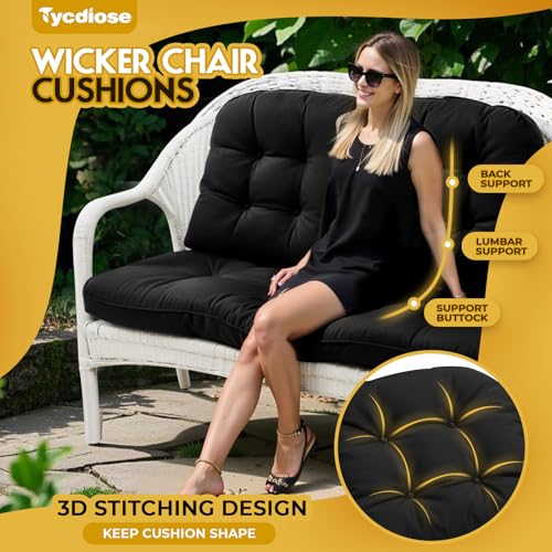 All Weather Wicker Chair Cushions of 3 Pieces, Waterproof Outdoor Wicker Chair Cushion for Patio Furniture Loveseat Settee Bench, 1 Loveseat and 2 U-Shaped Thickened Cushions, Black - color: Black
